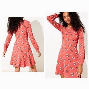 Ann Taylor LOFT Salmon Pink Long Sleeve Fit And Flare Floral Print Dress 12 EUC